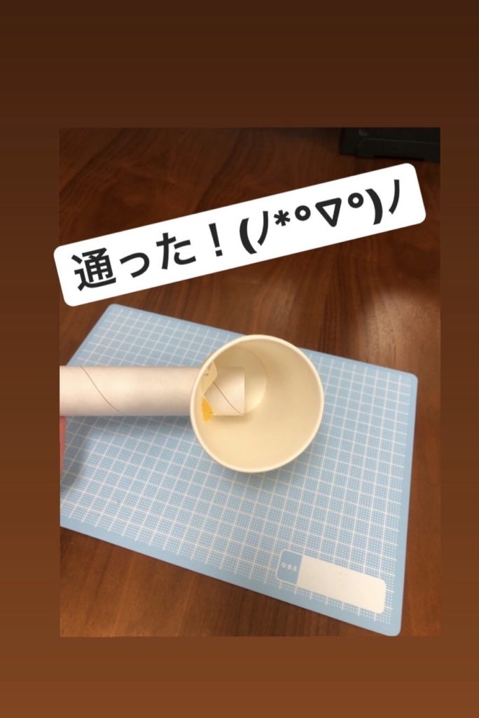 紙コップにトイレットペーパーの芯を通すよ